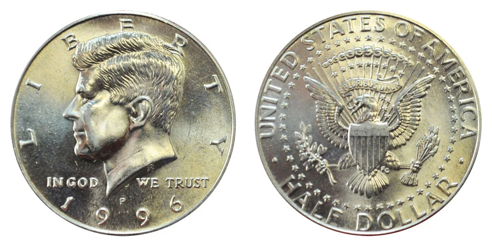 1996 Kennedy half dollar obverse and reverse showing portrait and heraldic eagle