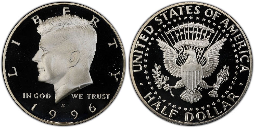 Comparison of a common circulated 1996 half dollar versus a PR70DCAM silver proof with mirror fields