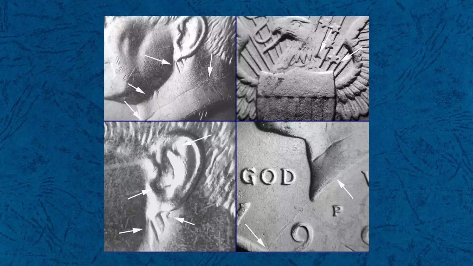 1996 Kennedy half dollar die clash error showing ghosted design impressions on the field