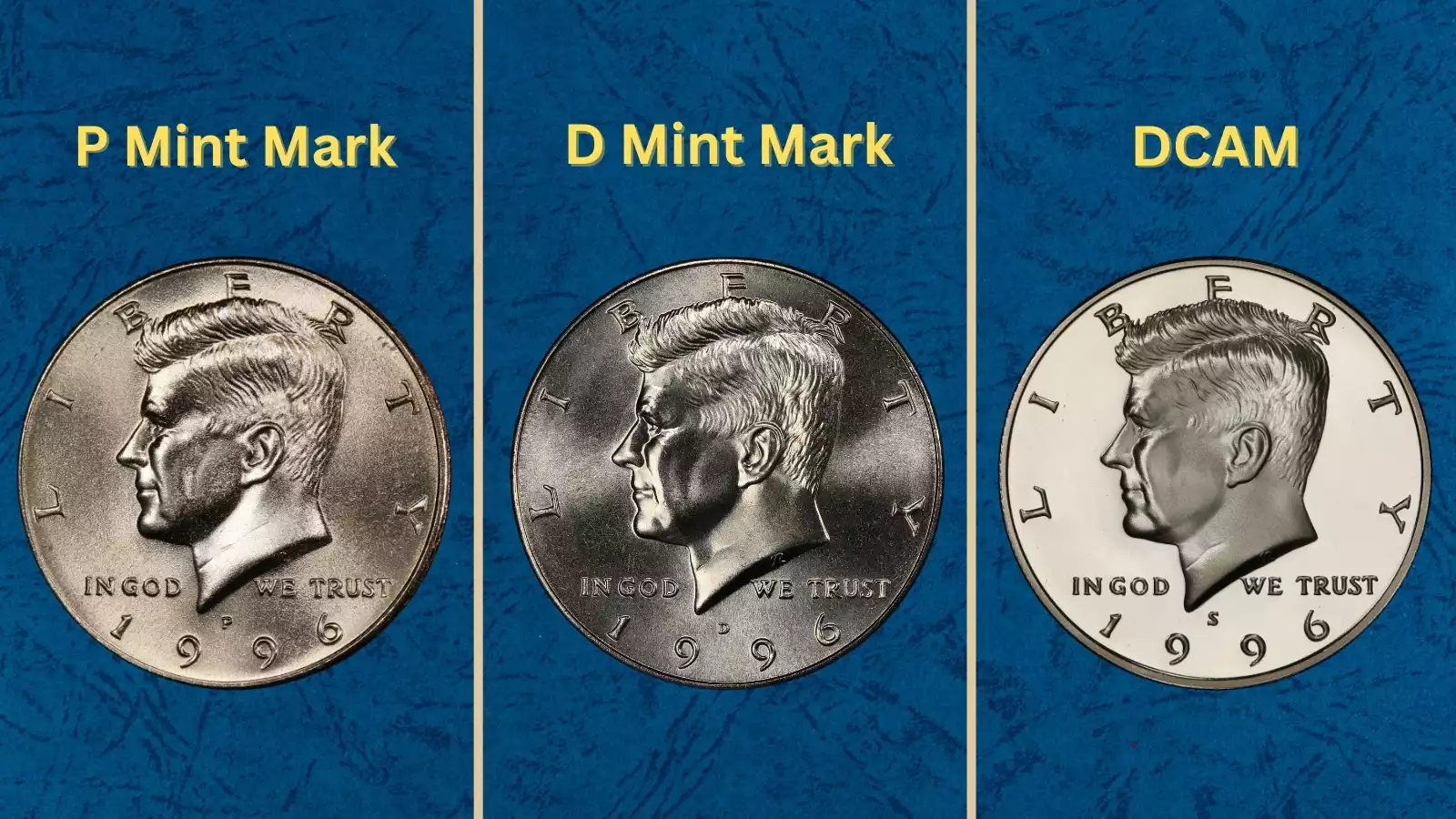 Group of uncirculated 1996 Kennedy half dollars from mint rolls showing the clad composition and full luster